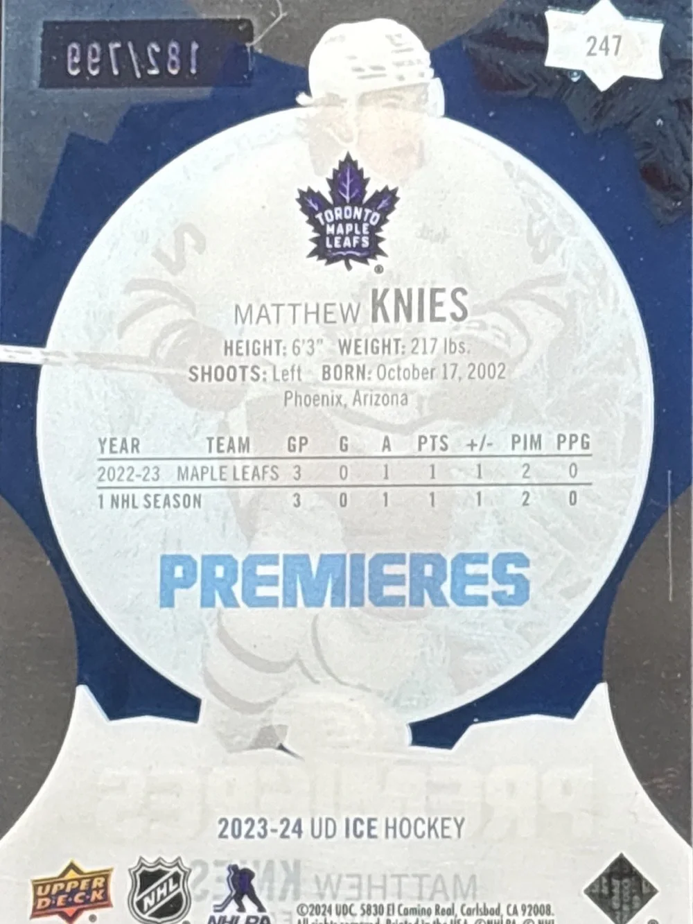 Upper Deck Ice Premieres Matthew Knies Trading Card - LE 182/799